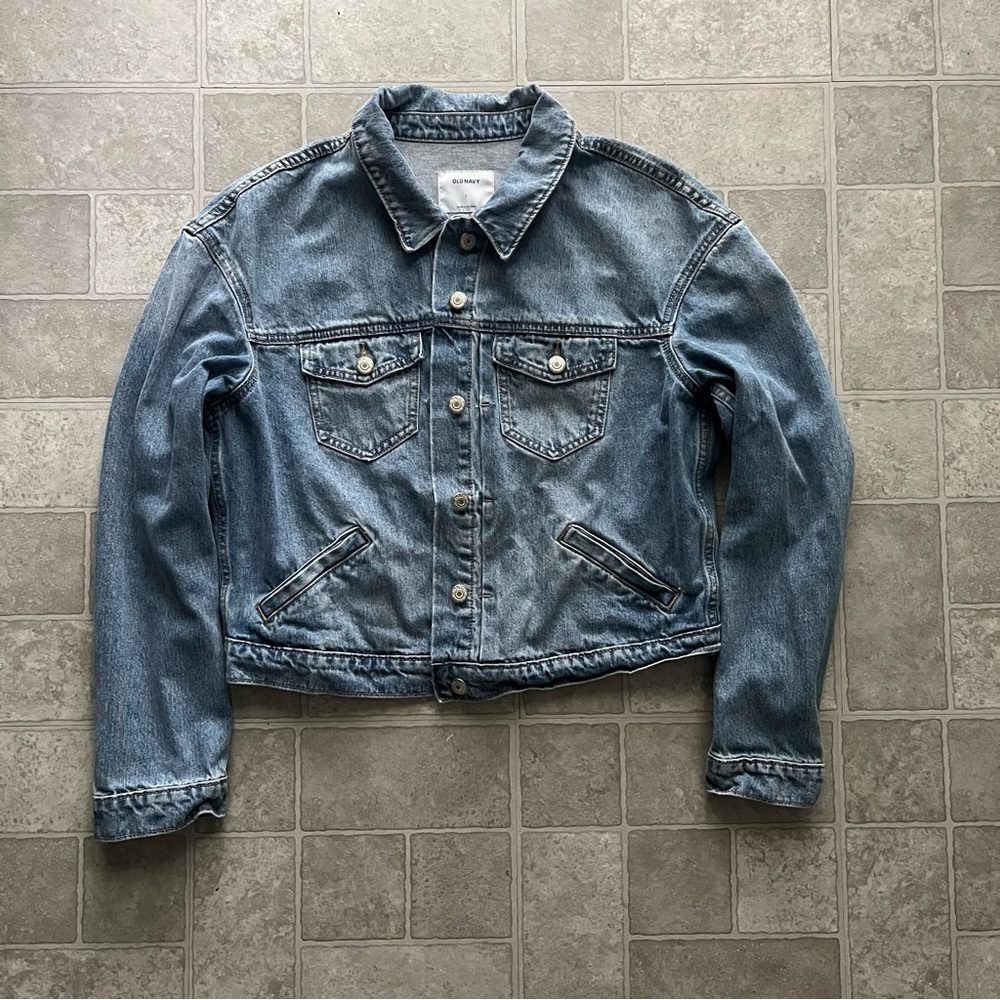 Denim Trucker Jean Jacket Distressed Medium Wash Button Up Women’s Large